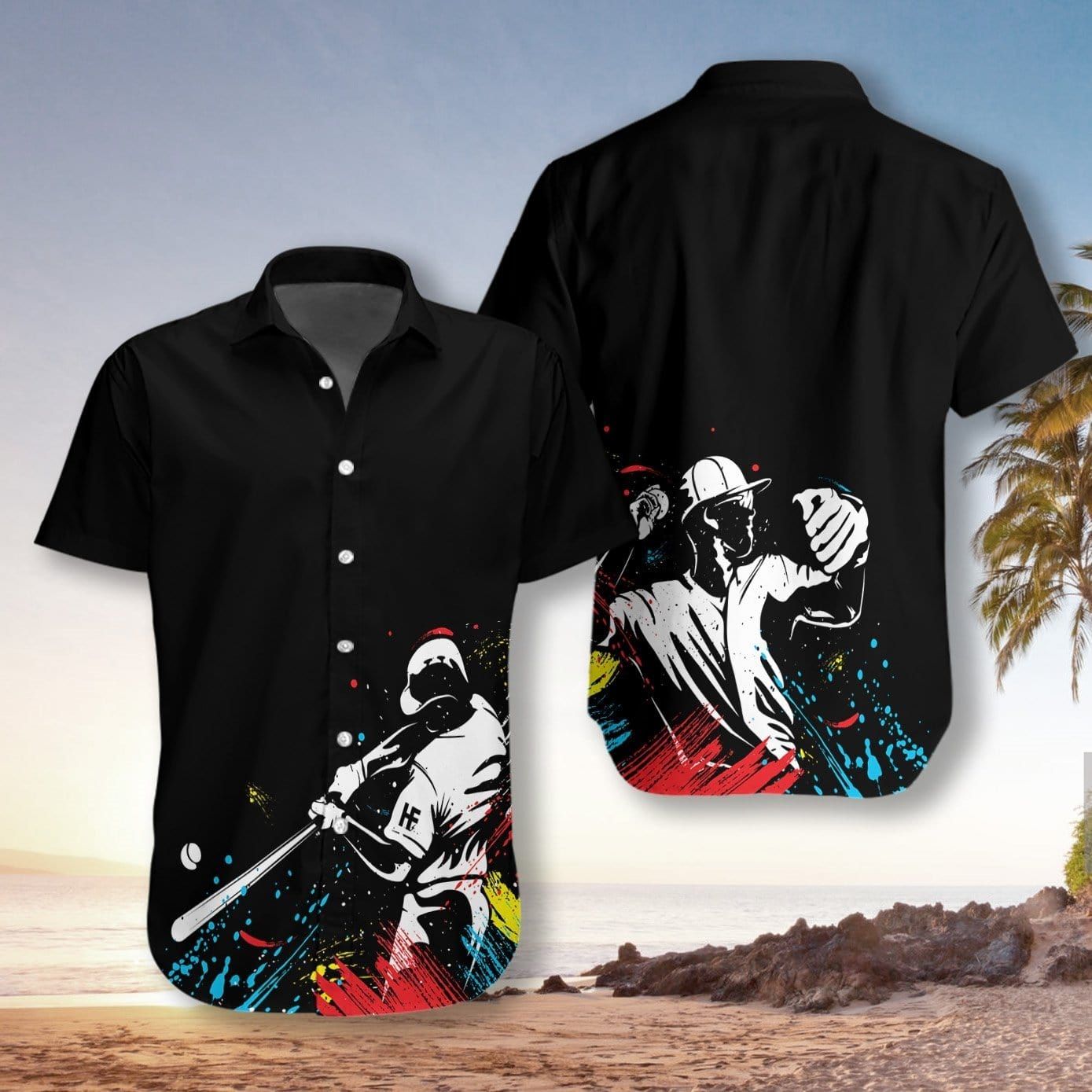Felacia [Hawaii Shirt] Baseball Players' Silhouettes On Paintball Black Hawaiian Aloha Shirts-ZX2281